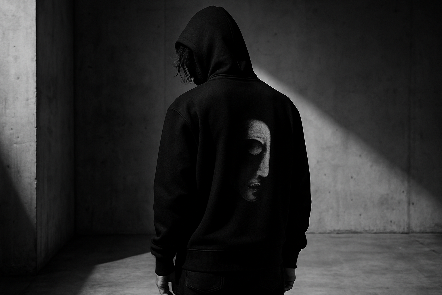 Professional fashion photography of a person with alternative style, from behind, wearing a plain black designer hoodie with a single, subtle artistic graphic on the back. The model's face is completely obscured in shadow. Set in a minimalist concrete studio with dramatic side lighting, creating deep shadows. Photorealistic, ultra-detailed, monochrome, high contrast.